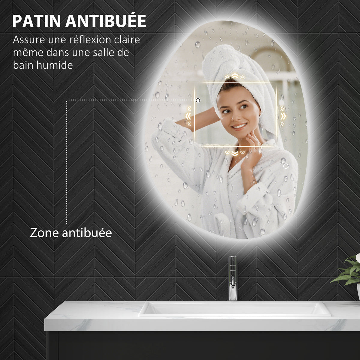 Miroir salle de bain avec éclairage LED 80 x 60 cm, miroir lumineux mural avec antibuée, mémoire, IP44, argenté