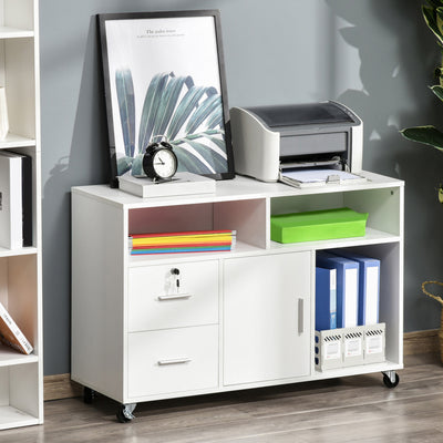 Support d'imprimante à 2 tiroirs meuble de rangement sur roulettes étagères ouvertes et placard, 100 x 35 x 65 cm, blanc