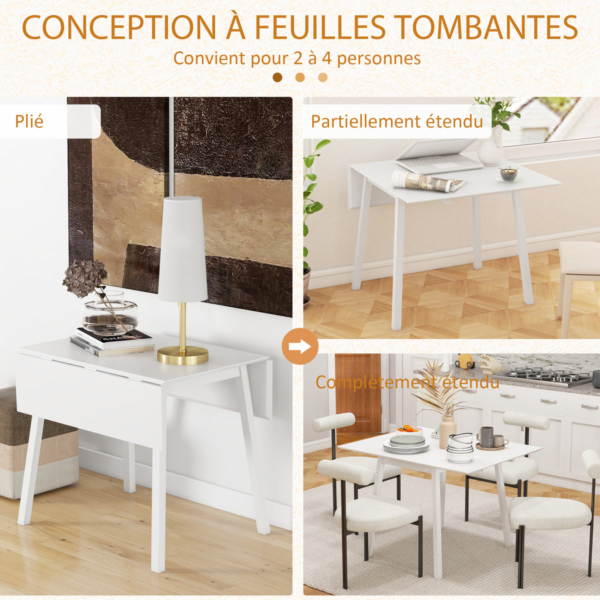 Table de cuisine pliable table à manger pliante avec plateau rabattable en bois pour 2 à 4 personnes blanc