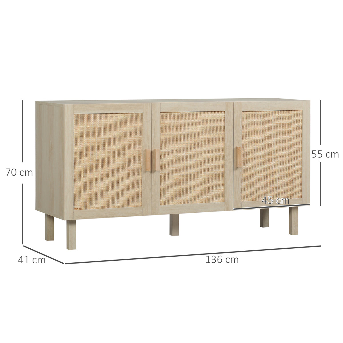 Buffet Meuble de Rangement Placard 3 Portes avec étagère réglable Effet cannage Style bohème - 136 x 41 x 70 cm