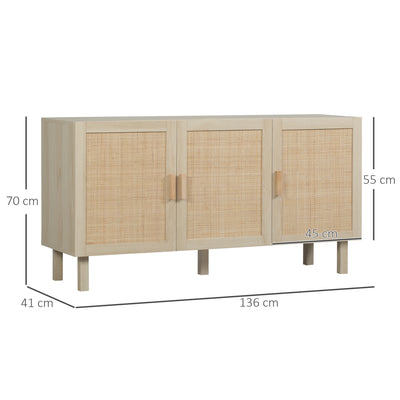 Buffet Meuble de Rangement Placard 3 Portes avec étagère réglable Effet cannage Style bohème - 136 x 41 x 70 cm