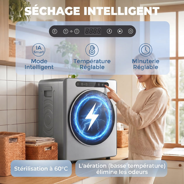 Sèche linge à évacuation, sèche-linge électrique 1000 W 3 Kg, 6 modes de séchage, minuterie, acier inoxydable, argent Aosom