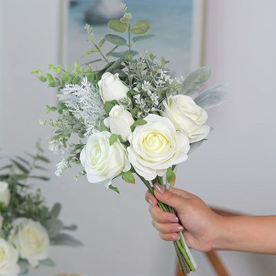 NNETM Artificial Fabric Roses & Eucalyptus Floral Arrangement