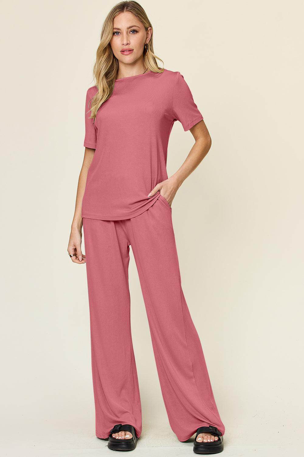 Double Take Full Size Round Neck Short Sleeve T-Shirt Set