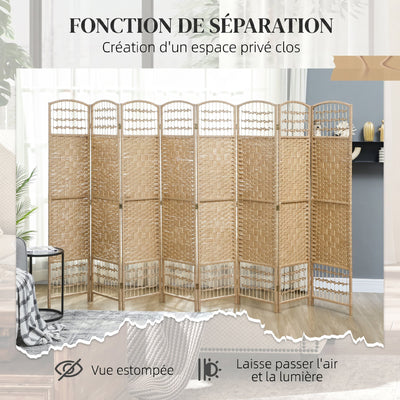 Paravent intérieur en bois séparateur de pièce cloison pliable 8 panneaux 320 x 170 cm bois naturel