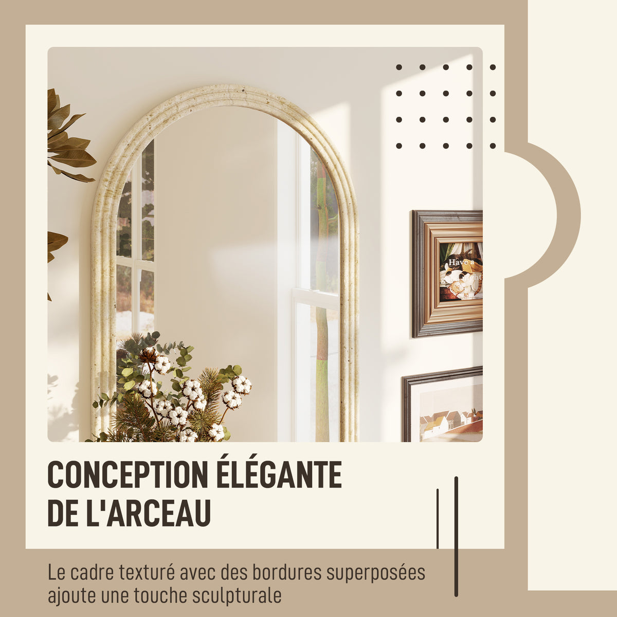 Miroir mural arqué, miroir moderne avec bord rainuré et crochets, verre trempé et polystyrène, 50 x 70 cm, beige