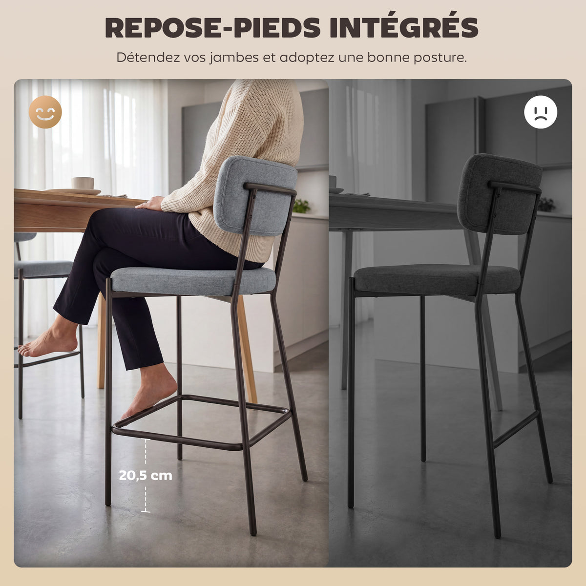 Lot de 2 tabourets de bar, chaises de bar, assise rembourrée, dossier courbé et repose-pieds, 49 x 53 x 93 cm, gris