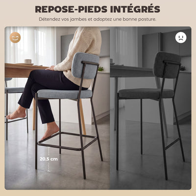 Lot de 2 tabourets de bar, chaises de bar, assise rembourrée, dossier courbé et repose-pieds, 49 x 53 x 93 cm, gris