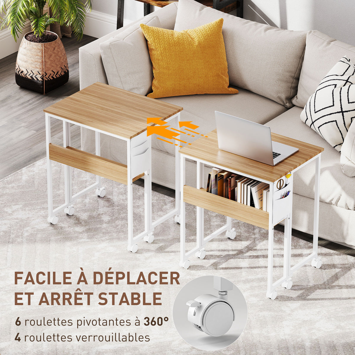 Bureau pliable sur roulettes 63 x 50 cm avec étagère et sac de rangement, bois naturel