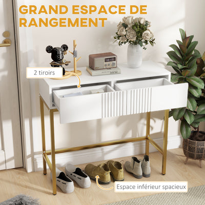 Table console console meuble avec 2 tiroirs base en acier avec pieds antidérapants 80 x 31,5 x 75 cm blanc