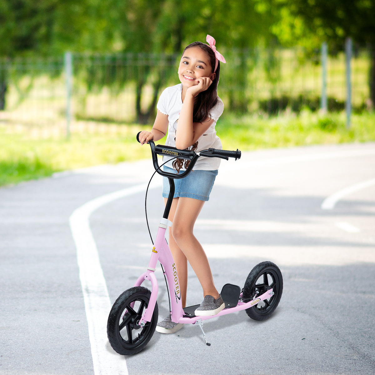 Trottinette enfant patinette pneus 30 cm Hauteur Guidon réglable poignée Frein et béquille Acier pour enfants à partir de 5 ans Rose