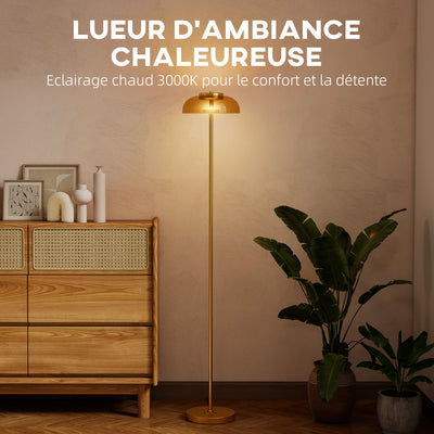 Lampadaire sur pied de salon, lampe salon LED avec lumière chaude 3000 K et interrupteur à pied, Ø25x134cm, ton laiton