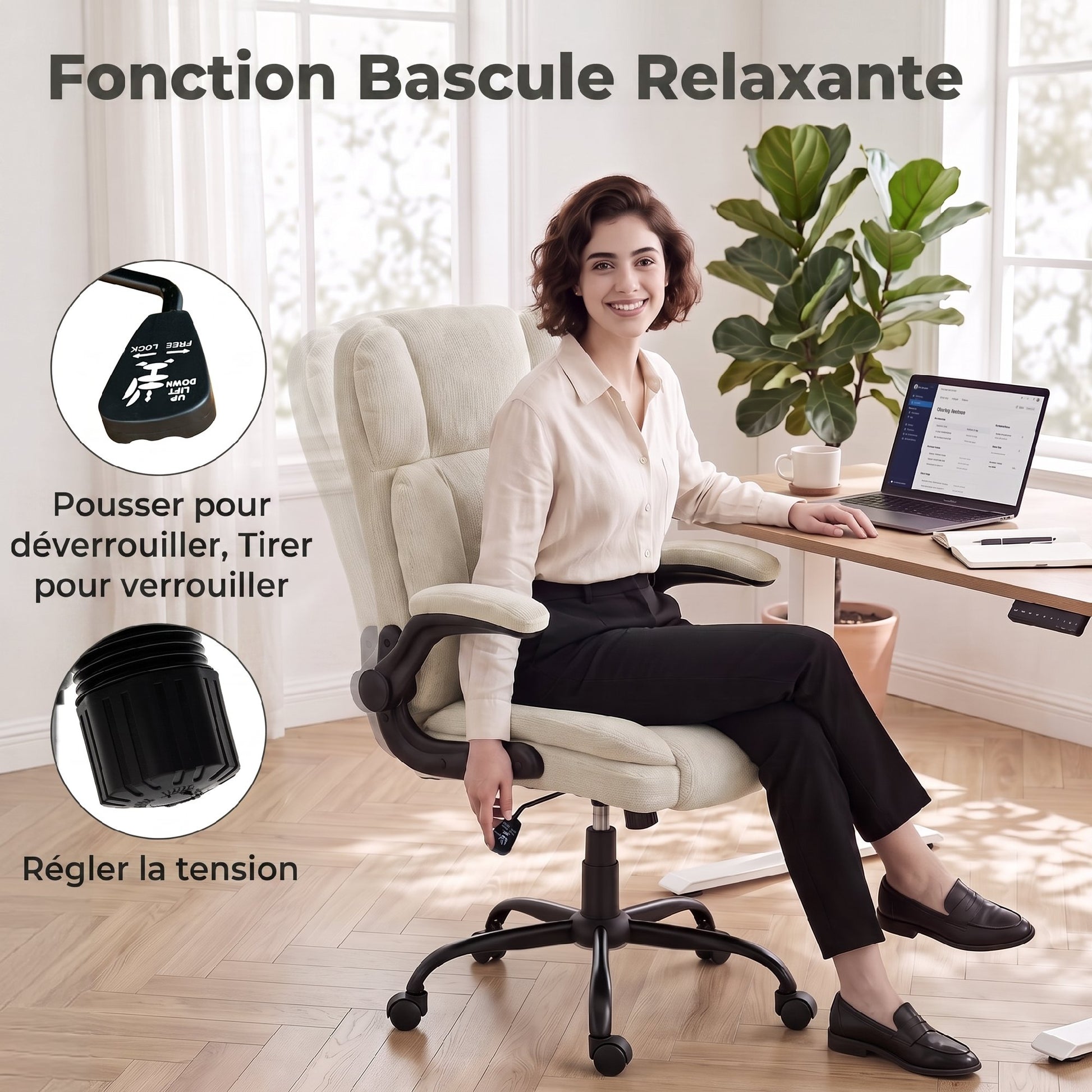 Chaise de Bureau Ergonomique en Chenille, Fonction Bascule, Accoudoirs Relevables, Hauteur Réglable, 70x67x108cm, Beige