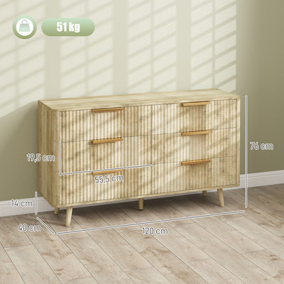 Commode 6 tiroirs scandinave avec poignées et pieds de pin, pour chambre à coucher, salon, couloir, 120x40x76cm, chêne