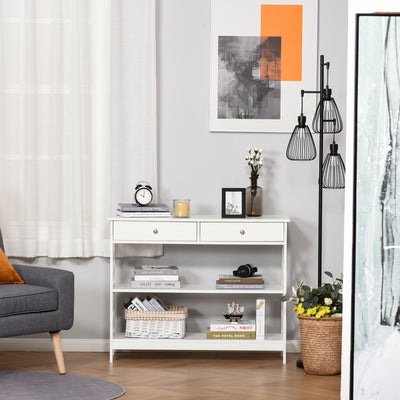 Table de console table d'entrée style table de drapier néo-rétro 2 tiroirs 2 étagères dim. 100L x 30,5l x 80H cm en bois blanc