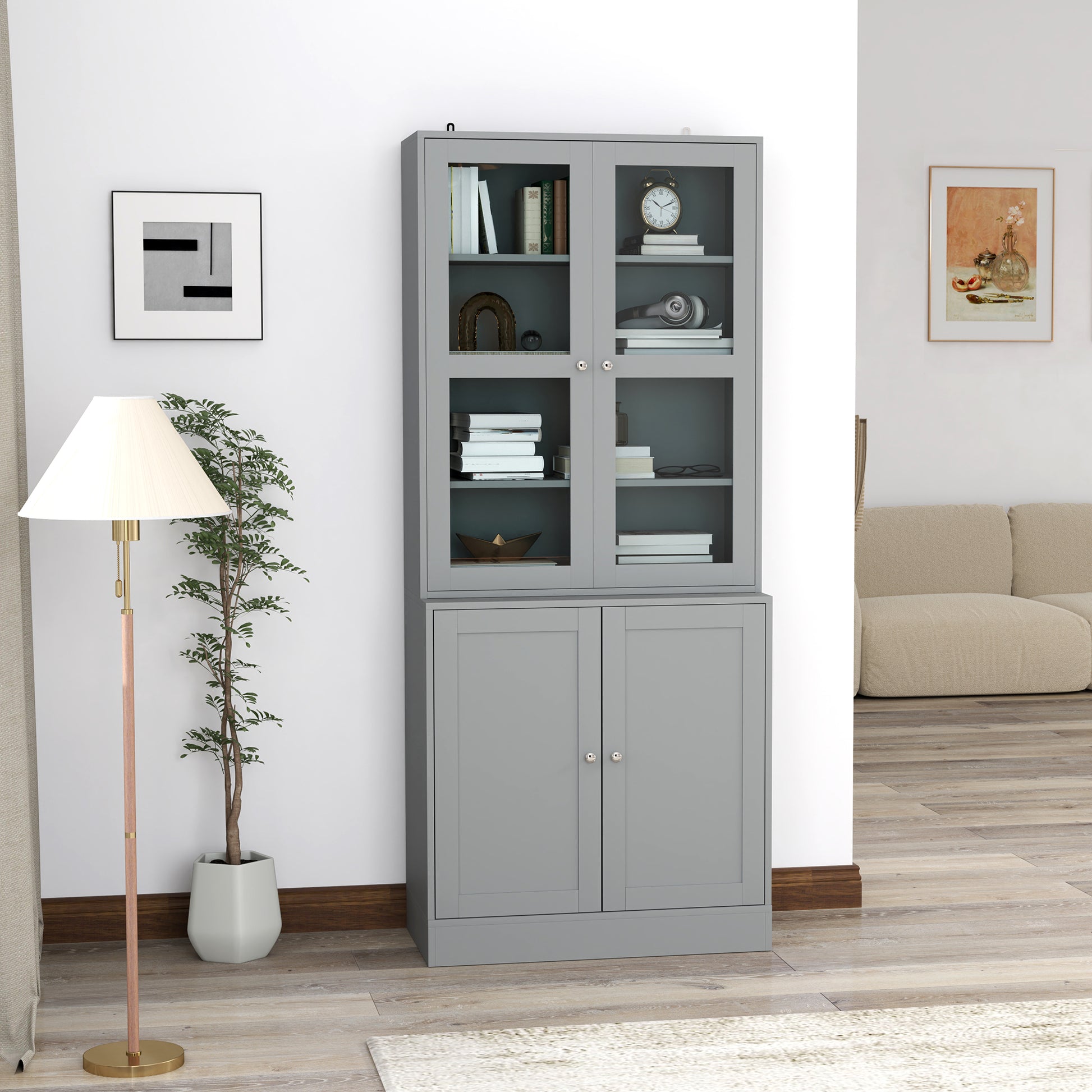 Bibliothèque vitrine, meuble de rangement à 6 niveaux avec 4 portes dont 2 en verre trempé, étagères réglables, gris