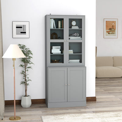Bibliothèque vitrine, meuble de rangement à 6 niveaux avec 4 portes dont 2 en verre trempé, étagères réglables, gris