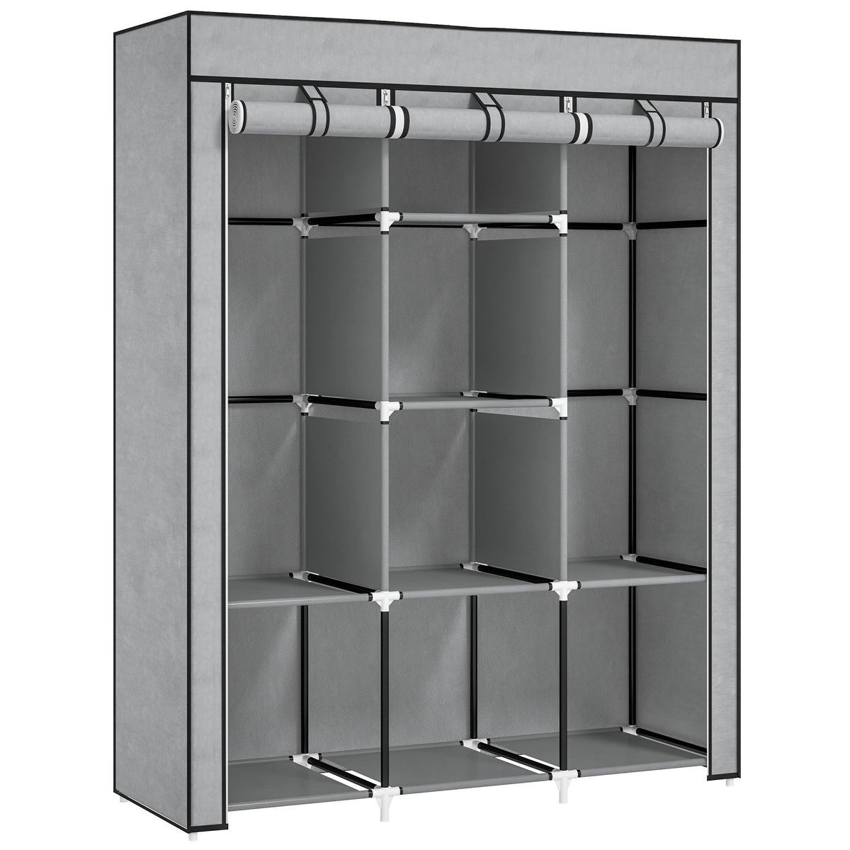 Armoire penderie multi-rangement - 8 étagères, 2 barres - non tissé gris clair