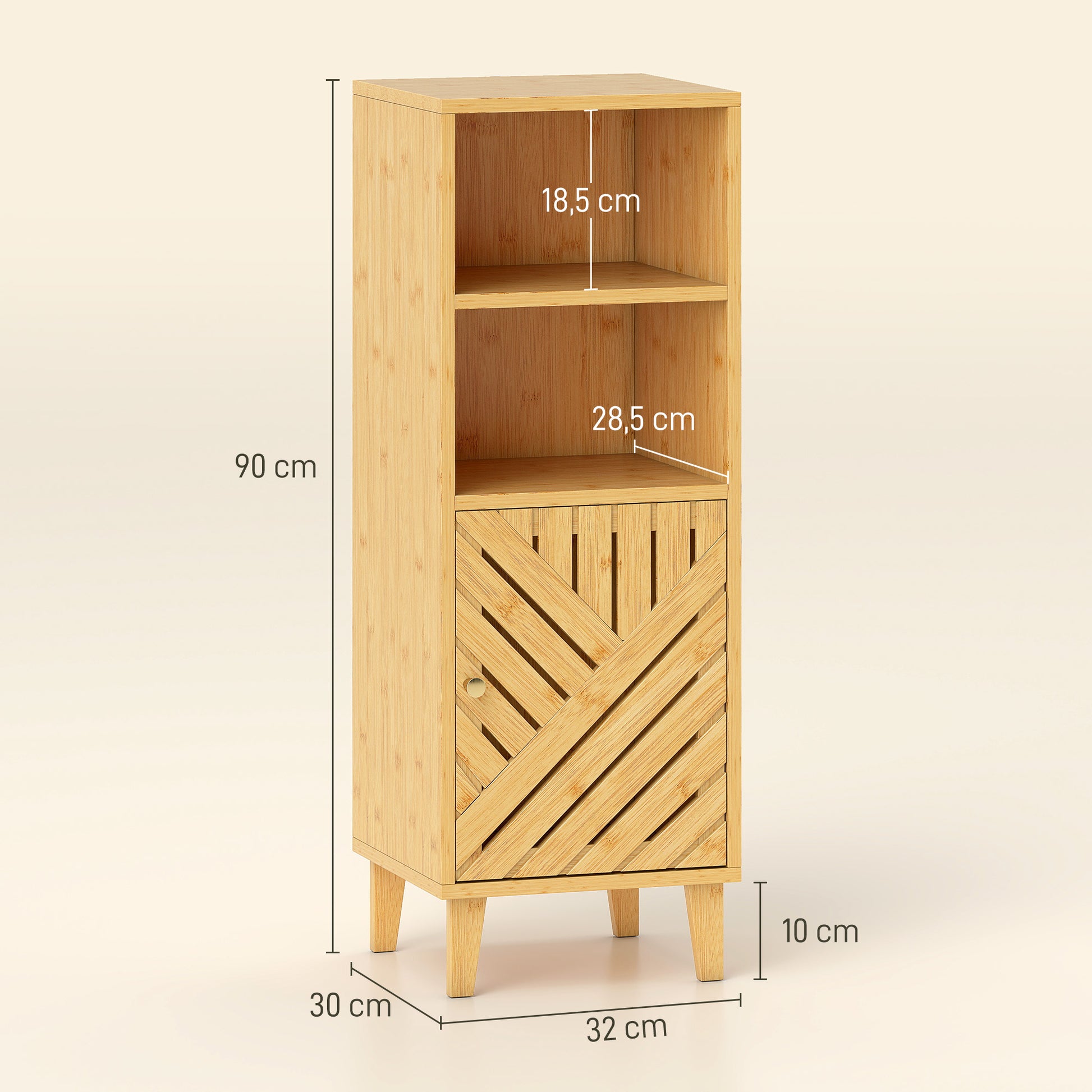 Meuble de salle de bain, meuble de rangement avec 1 placard, 2 compartiment ouvert, 32 x 30 x 90 cm, effet bois naturel