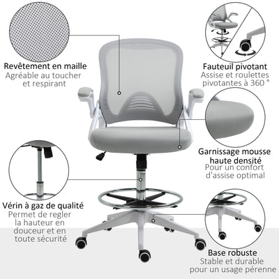 Fauteuil de bureau chaise de bureau assise debout hauteur réglable repose-pieds gris et blanc