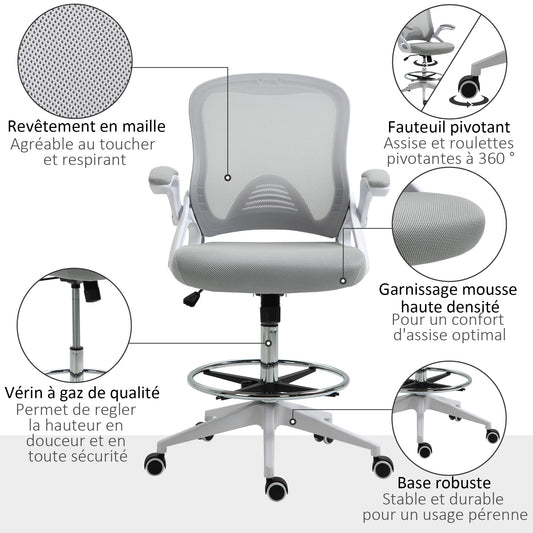 Fauteuil de bureau chaise de bureau assise debout hauteur réglable repose-pieds gris et blanc
