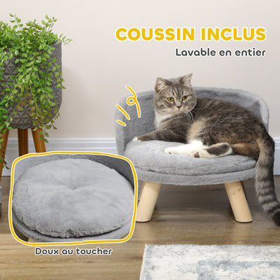 Canapé lit panier pour chien design scandinave coussin moelleux amovible pieds en bois Ø 40,5 x 33H cm gris
