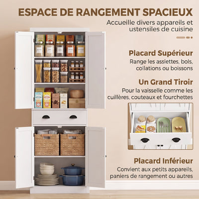Buffet Haut Cuisine, Armoire de Cuisine avec 4 Portes, Tiroir et Étagères Réglables, Style Rustique, 62x38x173cm, Blanc