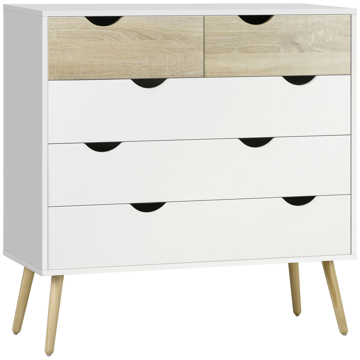 Commode 5 tiroirs Design scandinave Meuble de Rangement Chambre Panneau de Particules 99 x 39 x 101 cm Blanc Aspect chêne Clair