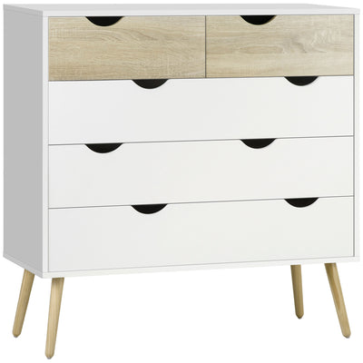 Commode 5 tiroirs Design scandinave Meuble de Rangement Chambre Panneau de Particules 99 x 39 x 101 cm Blanc Aspect chêne Clair