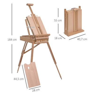 Chevalet d'Artiste sur Pieds Pliable, Mallette de Peinture, Chevalet avec Rangement, Hauteur Réglable, Bois de Hêtre Clair