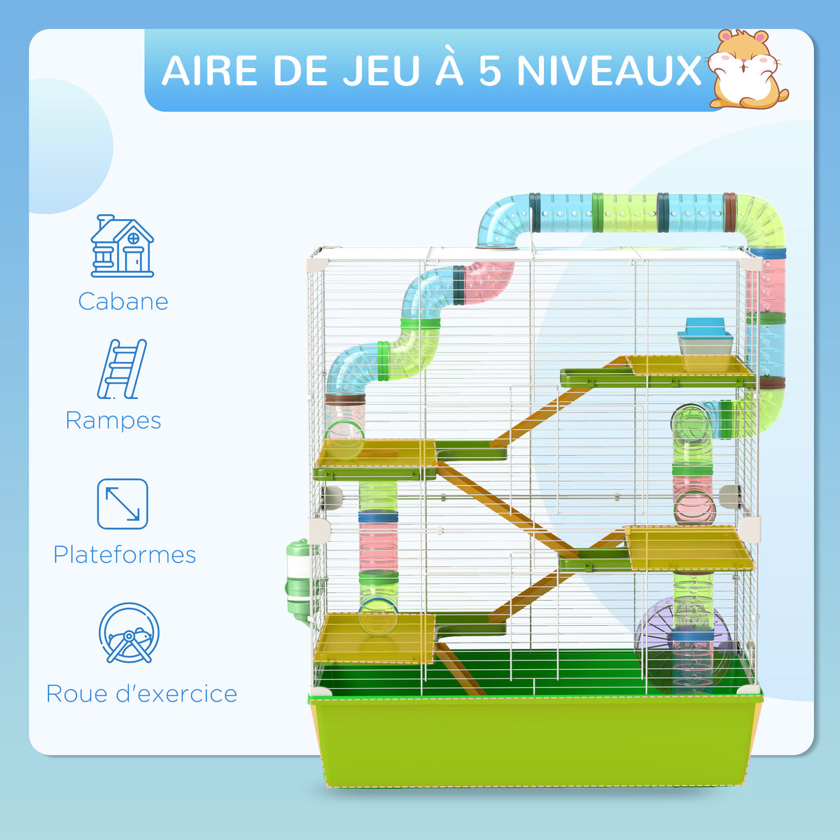 Grande cage pour hamsters cage pour rongeur 5 niveaux avec tunnels abreuvoir roue maisonnette échelles