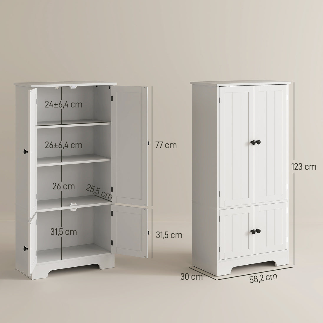 Armoire de cuisine buffet cuisine avec placards et étagères réglables, 58,2 x 30 x 123 cm, blanc Aosom