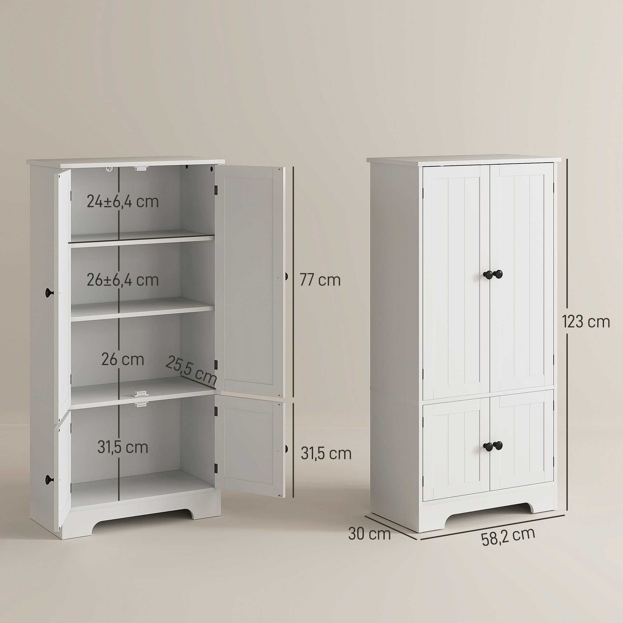 Armoire de cuisine buffet cuisine avec placards et étagères réglables, 58,2 x 30 x 123 cm, blanc