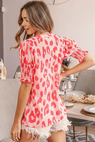 BiBi Leopard Smocked Short Sleeve Blouse for Trendy Style