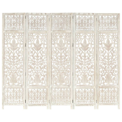 NNEVL Hand carved 5-Panel Room Divider White 200x165 cm Solid Mango Wood
