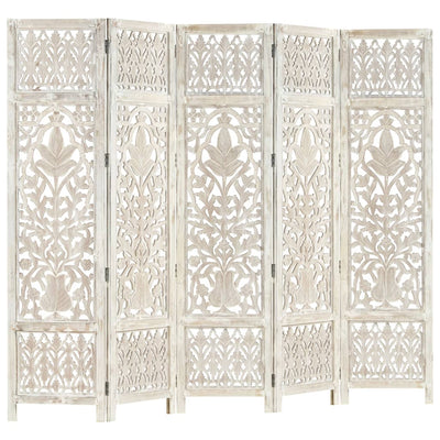 NNEVL Hand carved 5-Panel Room Divider White 200x165 cm Solid Mango Wood