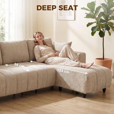 Canapé d'Angle Modulable 242 cm, Canapé 4 Places en L avec Méridienne Réversible, 2 Oreillers, Tissu Aspect Lin, Beige