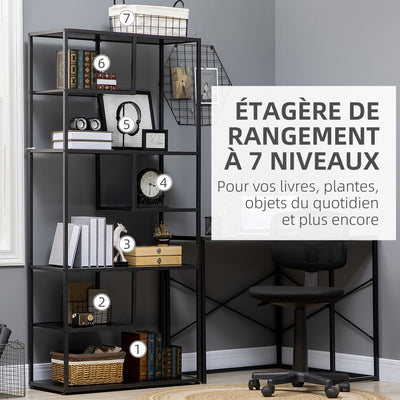 Bibliothèque étagère de rangement à 7 niveaux cadre en acier style industriel 83 x 34 x 180 cm noir