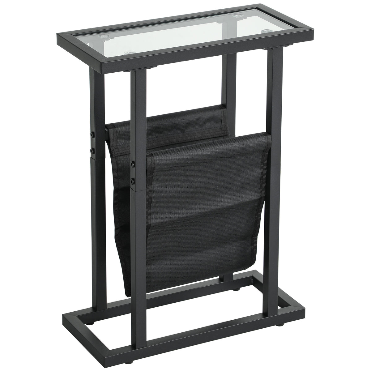 Table d'appoint étroite, bout de canapé en métal avec porte-revues et plateau en verre trempé, 40 x 18 x 55,5 cm, noir
