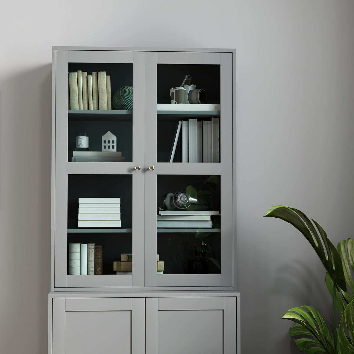 Bibliothèque vitrine, meuble de rangement à 6 niveaux avec 4 portes dont 2 en verre trempé, étagères réglables, gris