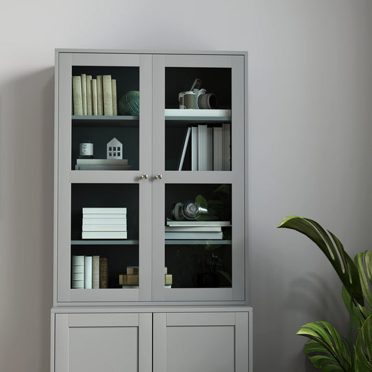 Bibliothèque vitrine, meuble de rangement à 6 niveaux avec 4 portes dont 2 en verre trempé, étagères réglables, gris