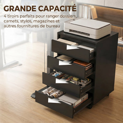 Caisson de bureau rangement bureau sur roulettes 4 tiroirs coulissants en bois aspect bois noir