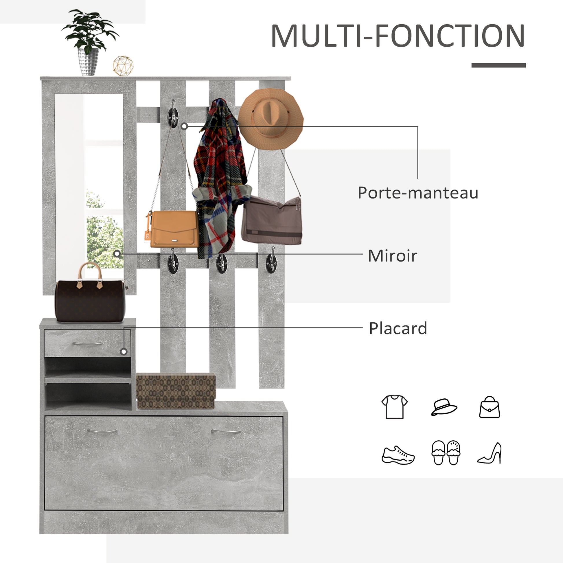 Ensembles 3 en 1 de meuble d'entrée vestiaire avec panneau porte-manteau, miroir et banc à chaussures - 6 crochets et étagère réglable, effet béton gris