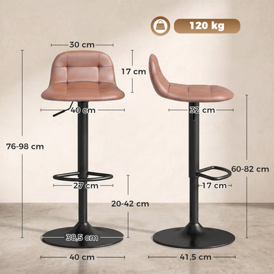 Lot de 2 Tabourets de Bar en Cuir PU, Rétro-Industriel, Hauteur Réglable, Pivotant 360°, 40x41,5x76-98cm, Marron Foncé