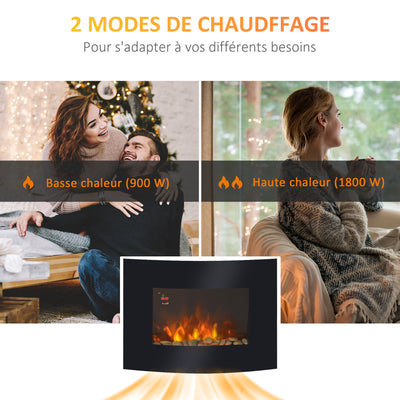 Cheminée électrique Murale éclairages latéraux LED Design Avant-gardiste Affichage LED avec télécommande et minuterie 900/1800 W luminosité réglable Noir