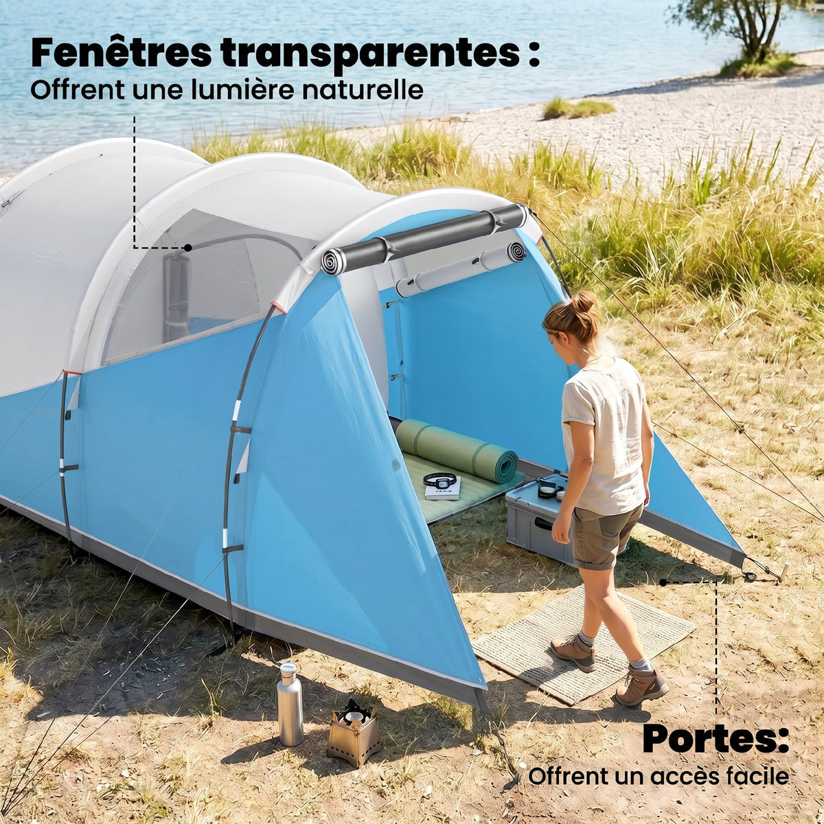 Tente de camping familiale 3 personnes, tente tunnel imperméable, 2 portes fenêtres, ventilée 4,6 x 2,6 x 1,9 m, bleu