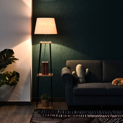 Lampadaire design contemporain dim. 40L x 40l x 160H cm 40 W max. 3 étagères intégrées bois massif pin métal noir lin beige