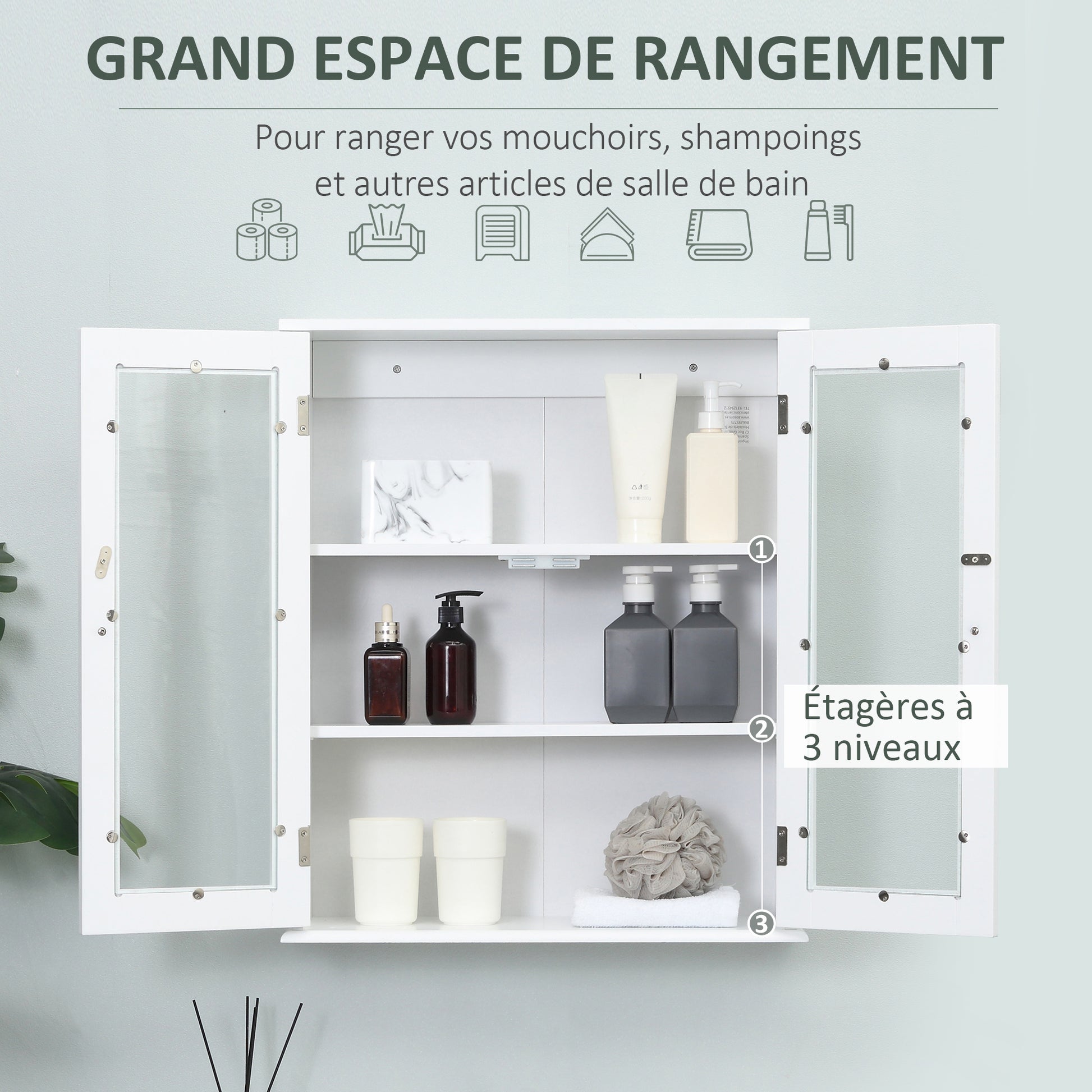 Armoire murale de salle de bain, meuble haut salle de bains avec 2 portes en verre, étagère réglable, 55x20x65cm, blanc