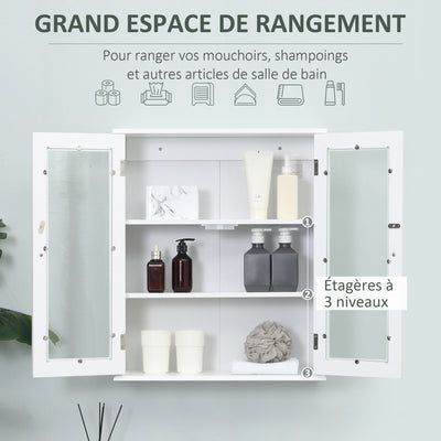 Armoire murale de salle de bain, meuble haut salle de bains avec 2 portes en verre, étagère réglable, 55x20x65cm, blanc