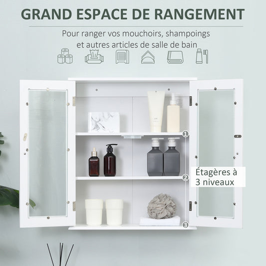 Armoire murale de salle de bain, meuble haut salle de bains avec 2 portes en verre, étagère réglable, 55x20x65cm, blanc